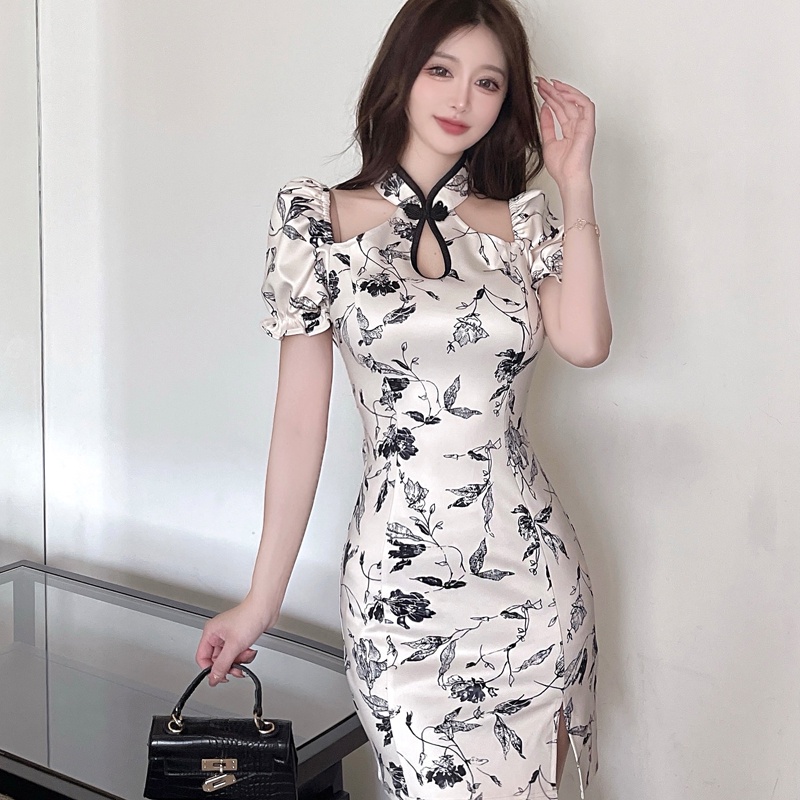 Sườn xám ngắn hở vai quyến rũ tôn dáng