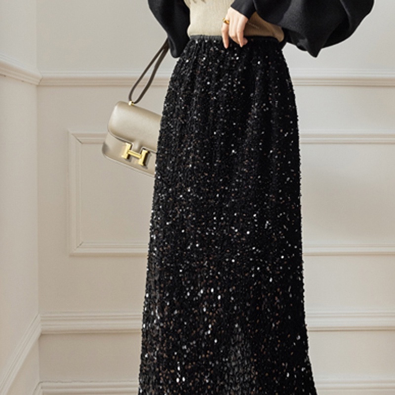 IELGY Chân Váy Nhung Dài Dáng Chữ a Lưng Thun Co Giãn Đính Kim Sa Lấp Lánh Thời Trang Cho Nữ
