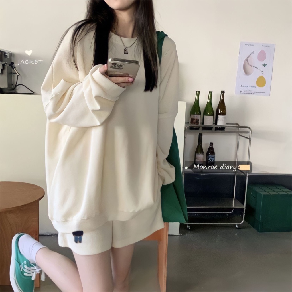 Bộ Áo Thun Quần Short Nữ Thêu Gấu Dáng Rộng 🦋 Set Áo Dài Tay Quần Đùi Vải Tổ Ong 2 Màu 🦋