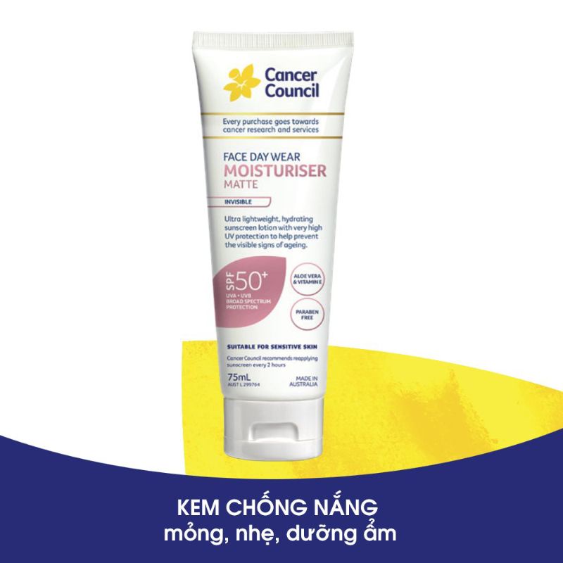 Kem chống nắng Cancer Council Face Day Wear SPF 50+/PA++++ 75ml (Dòng da mặt)