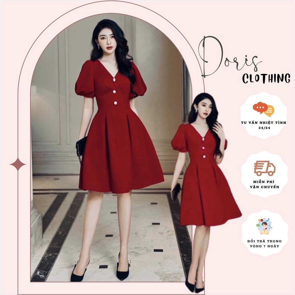 đầm đỏ dự tiệc mặc tết siêu xinh-Hàng chuẩn đẹp-váy đỏ dáng xòe tay phồng tôn dáng mặc tết,đi chơi noel