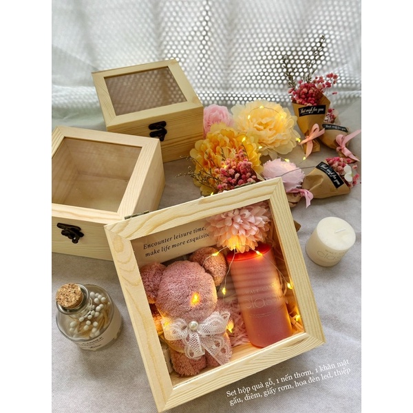 SET QUÀ TẶNG nến thơm hộp gỗ nắp kính sang trọng, dễ thương