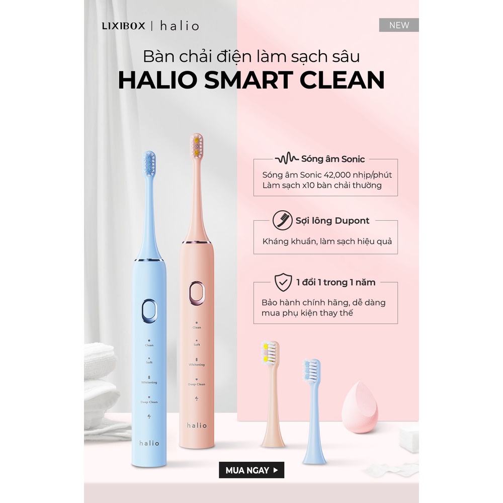 Bộ 2 đầu bàn chải điện Halio Sonic SmartClean Electric Toothbrush Sky Blue