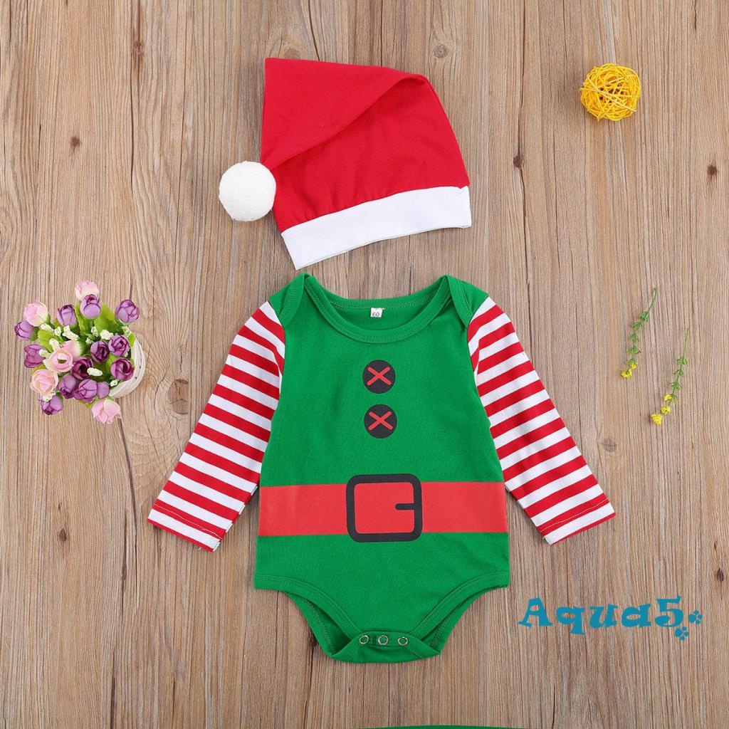 Bộ 2 Món Áo Liền Quần Tay Dài + Mũ Họa Tiết Giáng Sinh Dễ Thương Cho Bé