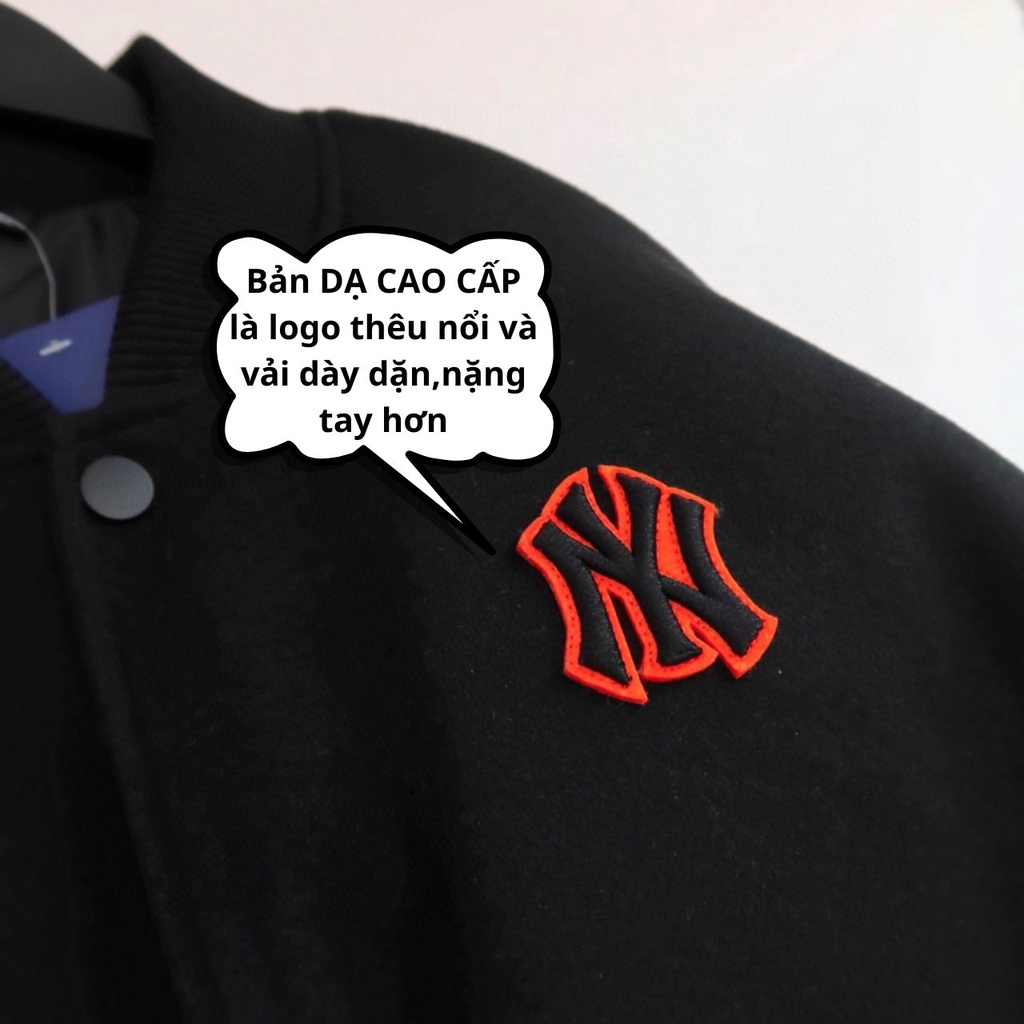 Áo varsity jacket MLB NY vải nỉ dày dặn phối tay da,Áo bomber nỉ form rộng nam nữ phong cách 2023