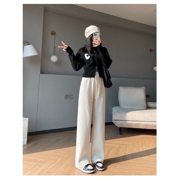 Quần Nhung Tăm Dây Rút Thêu Chữ X Dáng Ống Rộng Suông Phong Cách Ulzzang