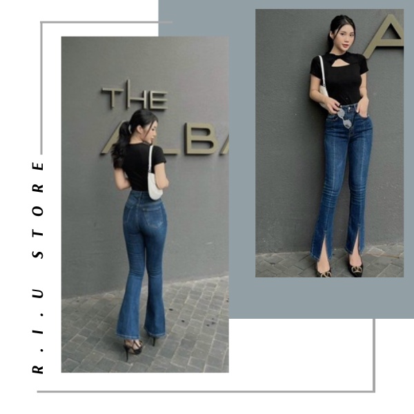 Quần jeans nữ R.I.U STORE ống Loe đậm sẻ gấu cạp cao, quần bò xẻ gấu co dãn hàng cao cấp Hottrend 2022