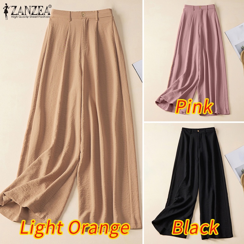 Quần dài ZANZEA ống rộng màu trơn có khóa kéo trước thời trang cho nữ
