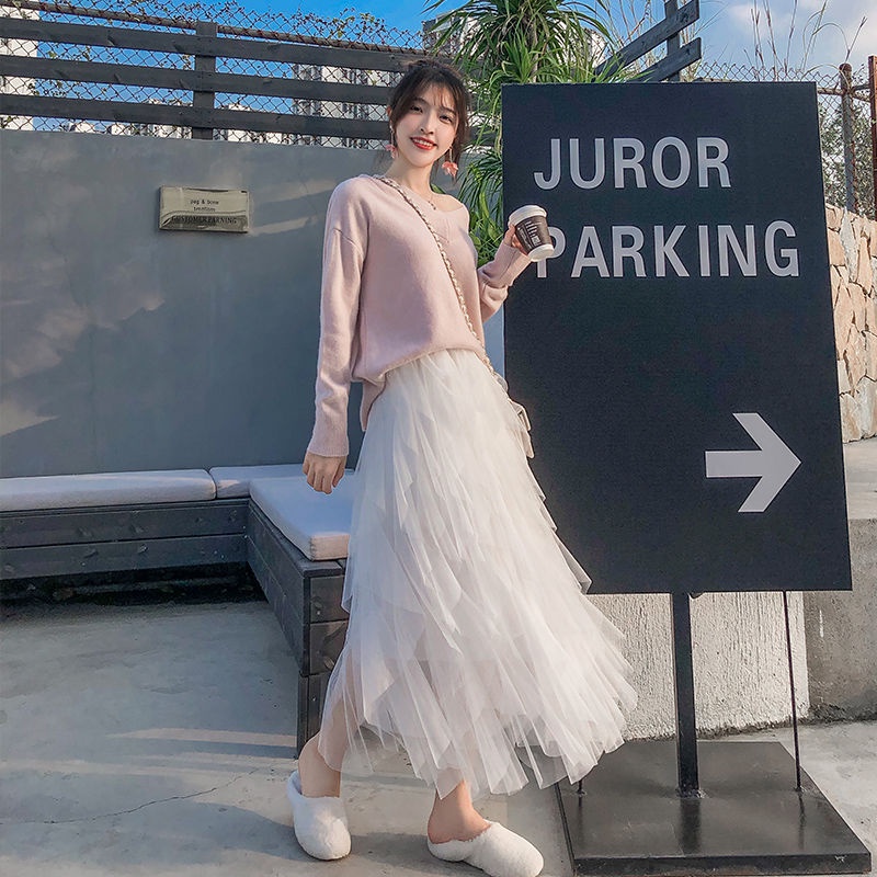 Chân Váy Lưới Lưng Cao Xếp Ly Lệch Tà Màu Trắng Thời Trang Mùa Đông Xinh Xắn Cho Nữ