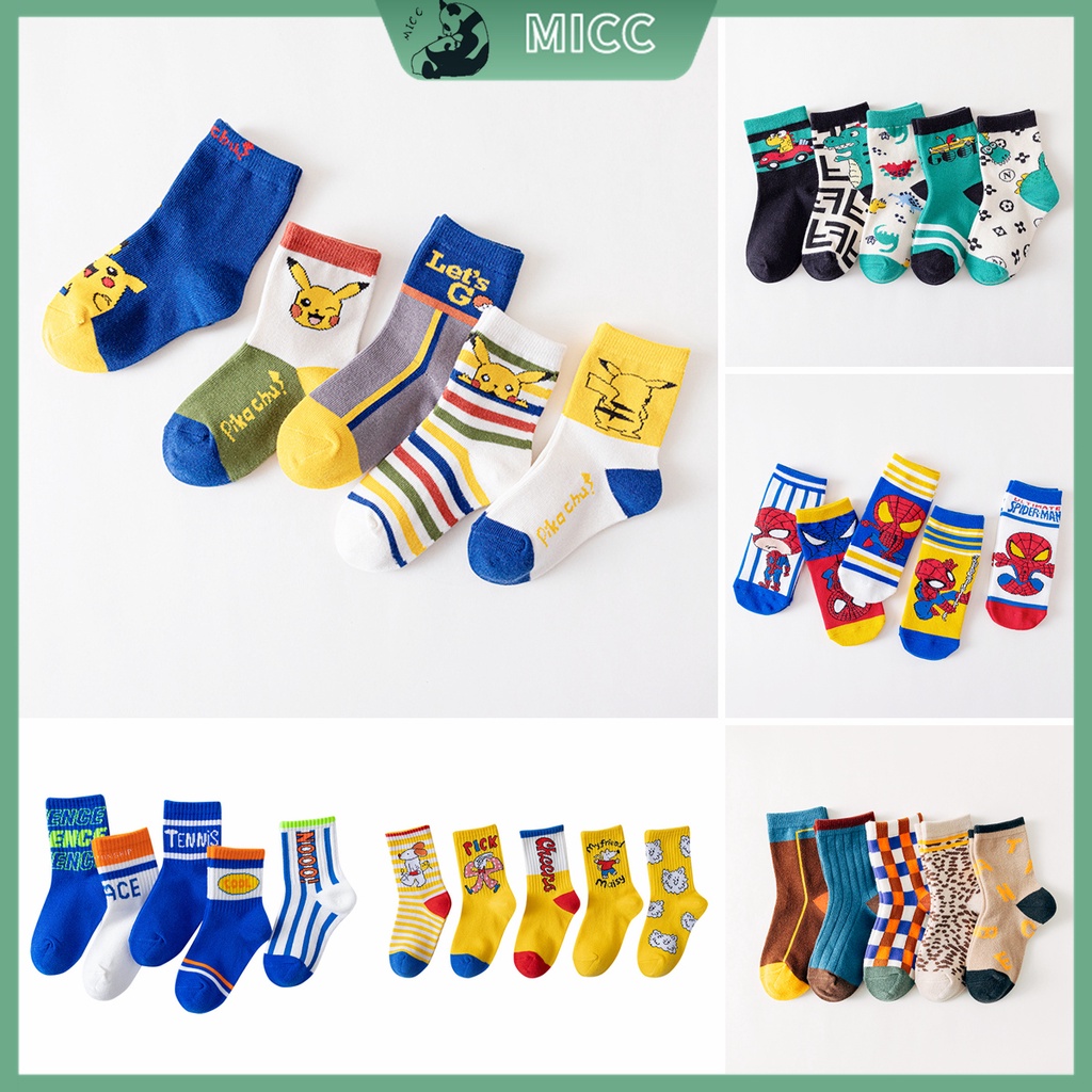 Bộ 5 Đôi Vớ Cotton In Họa Tiết Hoạt Hình Dễ Thương Thoải Mái Cho Bé 1-12 Tuổi