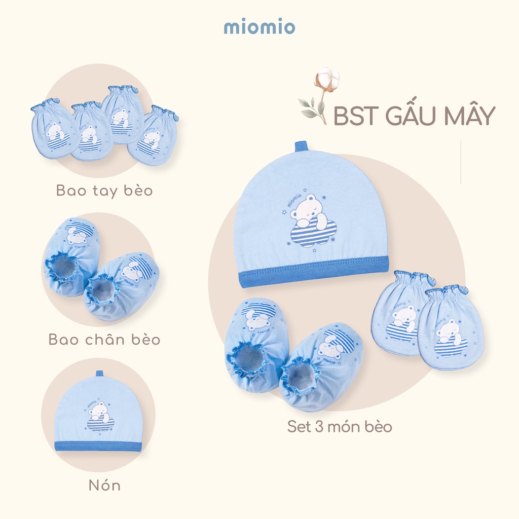 Bao Tay Bèo, Chân Bèo, Nón, Set 3 Món Phụ Kiện Bèo MIOMIO, Họa Tiết: Xe Nôi, Teddy, Gấu Mây Cho Bé Sơ Sinh