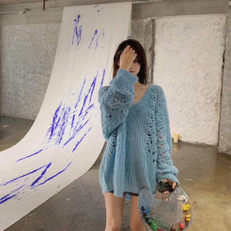 Jiashuchengv Áo Sweater Dáng Rộng Khoét Lỗ Rỗng Phong Cách Xuân Thu Mới Dễ Phối Đồ Cho Nữ