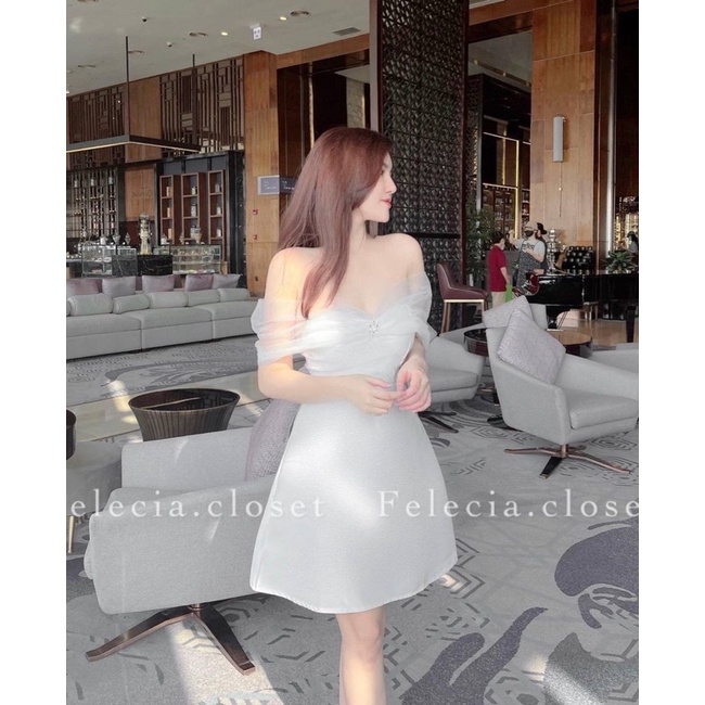 Đầm Nữ Dự Tiệc Trễ Vai Phối Voan Đính Đá Sang Chảnh