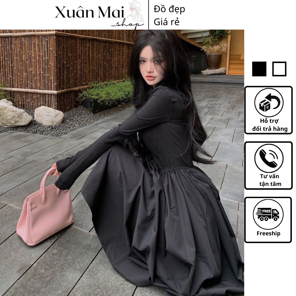 Đầm thiết kế dài xòe, tay dài, cổ tròn có dây kéo xịn chuẩn form xoè phồng 2 túi dài 1m3