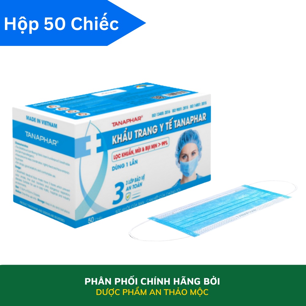 Khẩu trang y tế 3 lớp TANAPHAR không thấm nước không độc hại co giãn tốt lọc khí ngăn cản khói bụi hiệu quả