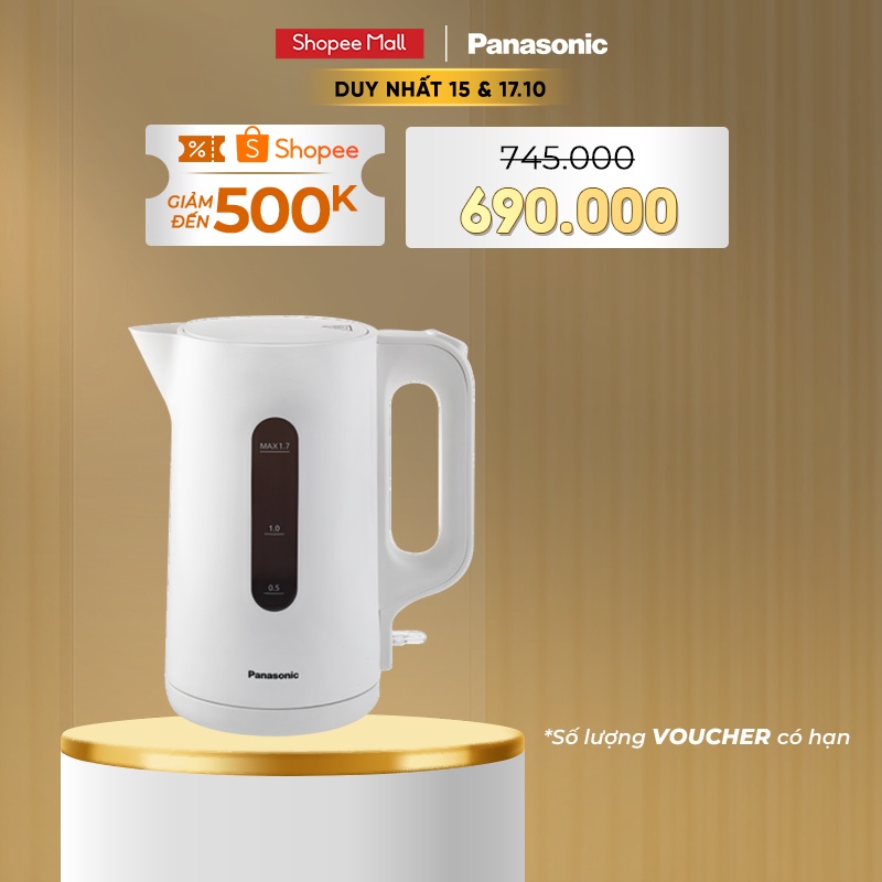 Ấm đun siêu tốc Panasonic NC-K101WRA - 1.7L - Nhựa kháng vỡ - Công suất mạnh lên đến 2200W - Hàng chính hãng