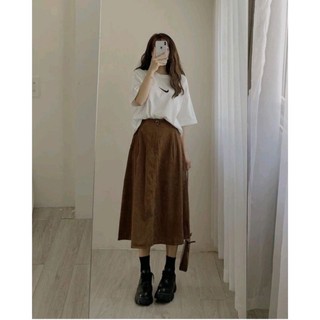 Chân váy midi dáng chữ a chất nhung tăm cạp chun sau