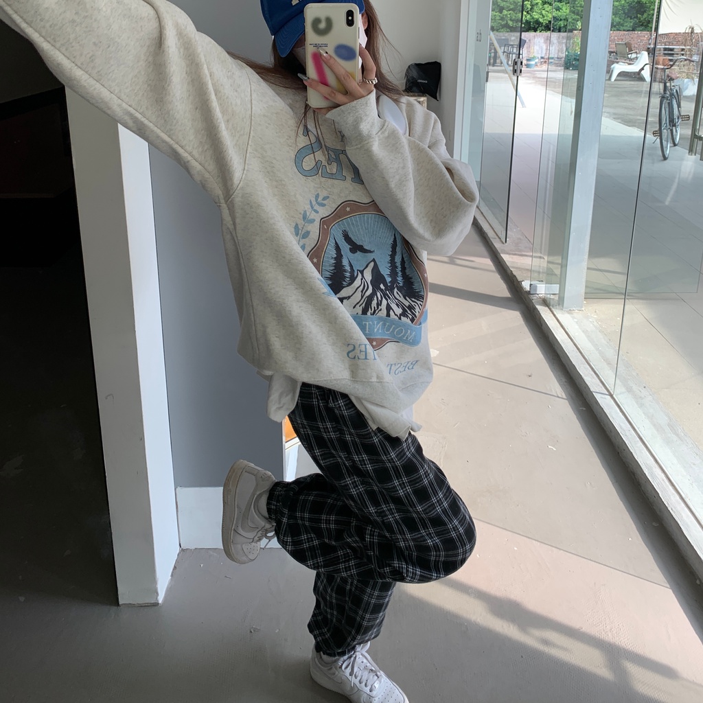 SUXI Quần Dài Lưng Cao Dáng Rộng Họa Tiết Sọc Caro Thời Trang Thu Đông Cho Nữ