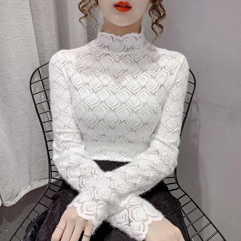 Áo Ren Cổ Lọ Tay Dài Vải Nhung Plus Phong Cách Phương Tây