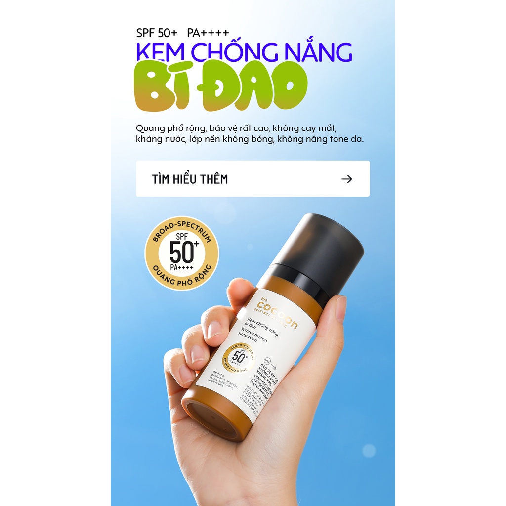 Kem Chống Nắng Bí Đao Quang Phổ Rộng, Bảo Vệ Rất Cao Spf 50 +, Pa ++++ Cocoon 50ml