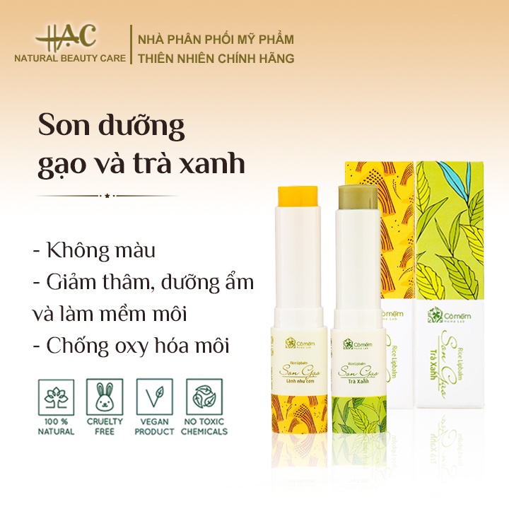 Son dưỡng gạo - trà xanh, không chất tạo màu, giảm thâm, dưỡng ẩm và làm mềm môi, chống oxy hóa môi - Cỏ Mềm