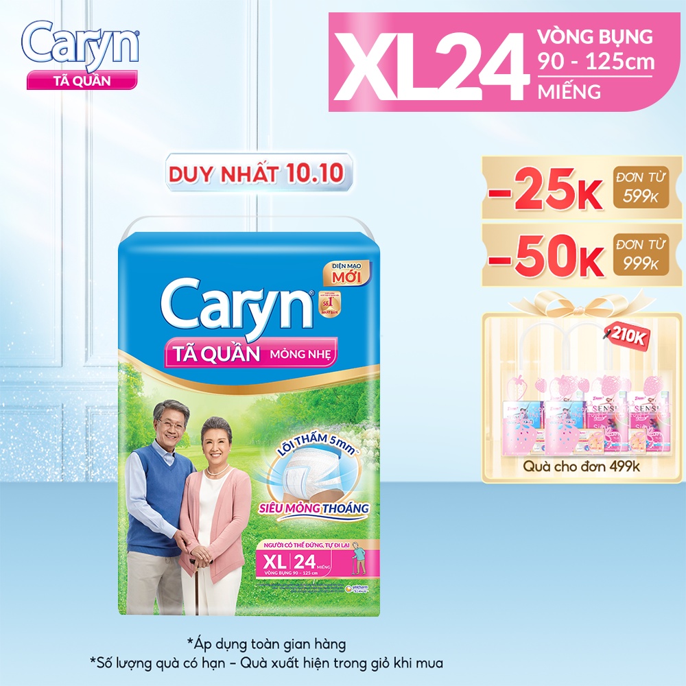 Tã Quần Người Lớn Caryn Mỏng Nhẹ Chống Tràn Size XL 24 Miếng Dành Cho Người Già Có Thể Tự Đi Lại Được