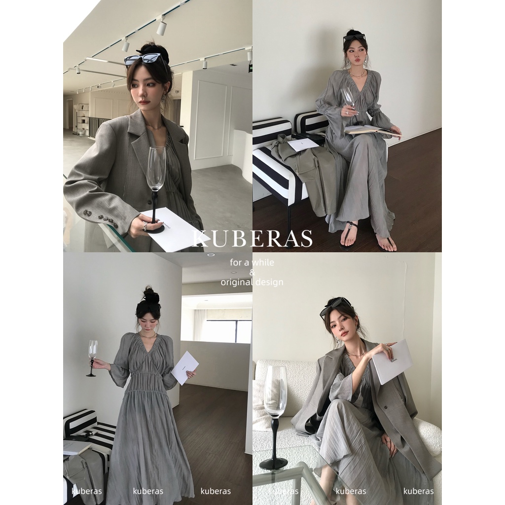 Đầm midi cổ chữ V xếp ly phong cách Pháp thanh lịch cho nữ