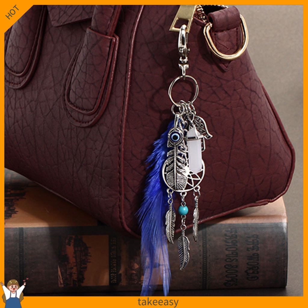 Móc Khóa Hình Dream Catcher Phối Lông Vũ Và Đá Opal Cổ Điển