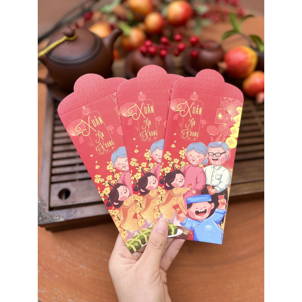 Sét 12 Bao Lì Xì TẾT THIẾT KẾ đặc sắc - Hình xuân sum vầy - Giấy C150 cán mờ in sắc nét