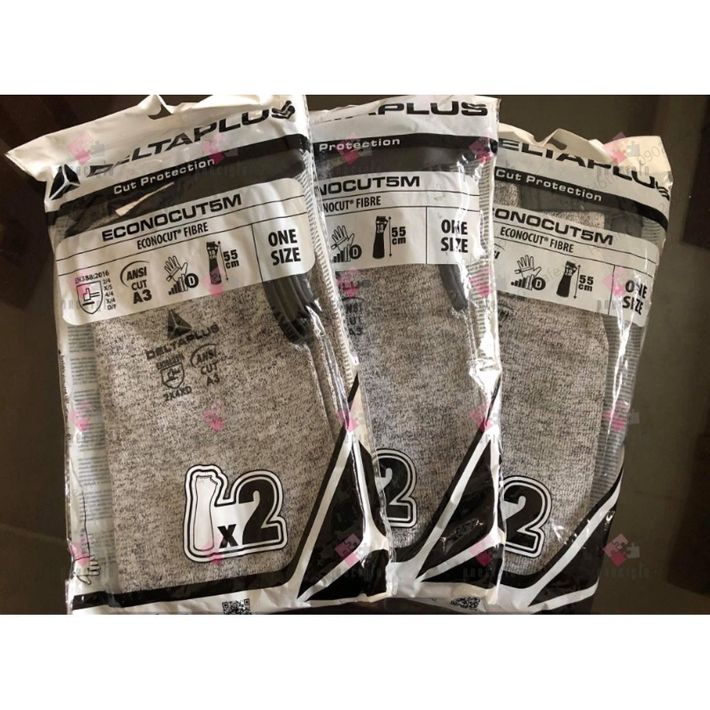 Ống tay bảo hộ DELTAPLUS ECONOCUT5M, chiều dài 55cm, dệt kim với lỗ xỏ ngón dày dặn, túi 1 cặp - chính hãng