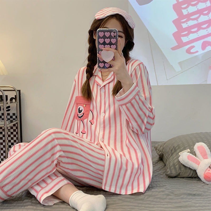 Bộ Đồ Ngủ Tay Dài Kẻ Sọc In Hoạt Hình Mắt To Thời Trang Xuân Thu Cho Nữ