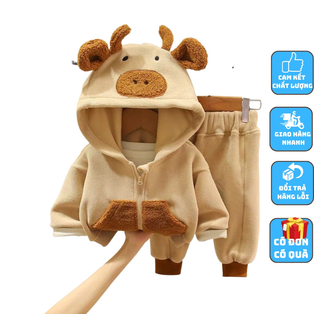 Bộ Nỉ Áo Khoác Có Mũ Tai Gấu Bộ Áo Khoác Quần Nỉ Thu Đông Cho Bé Từ 6-28Kg-KANGMIN KIDS