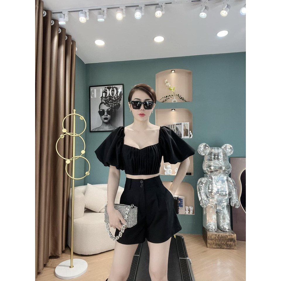 [10.10 Sales Freeship] Set bộ đùi nữ đi tiệc, set áo cổ vuông xếp ly tay phồng croptop mix quần short đùi sang trọng mtb