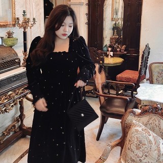 Plus Đầm Nhung Đen Che Bụng Phong Cách Pháp Cổ Điển Quyến Rũ Thời Trang Cho Nữ Size Lớn 2021