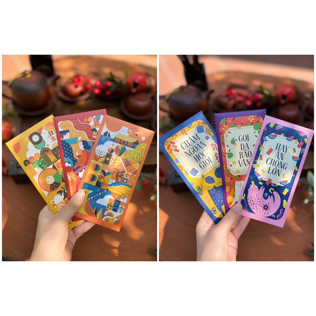 Sét 12 Bao Lì Xì Tết thiết kế đặc sắc - Hình màu sắc nghệ thuật độc đáo - Giấy C150 cán mờ in sắc nét