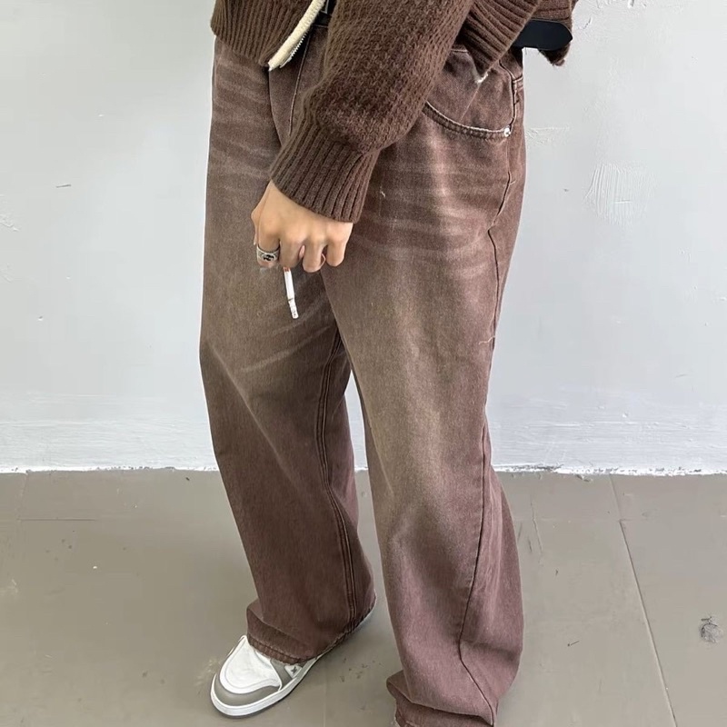 Quần jean ống rộng unisex,chất jeans mềm màu nâu mã 873