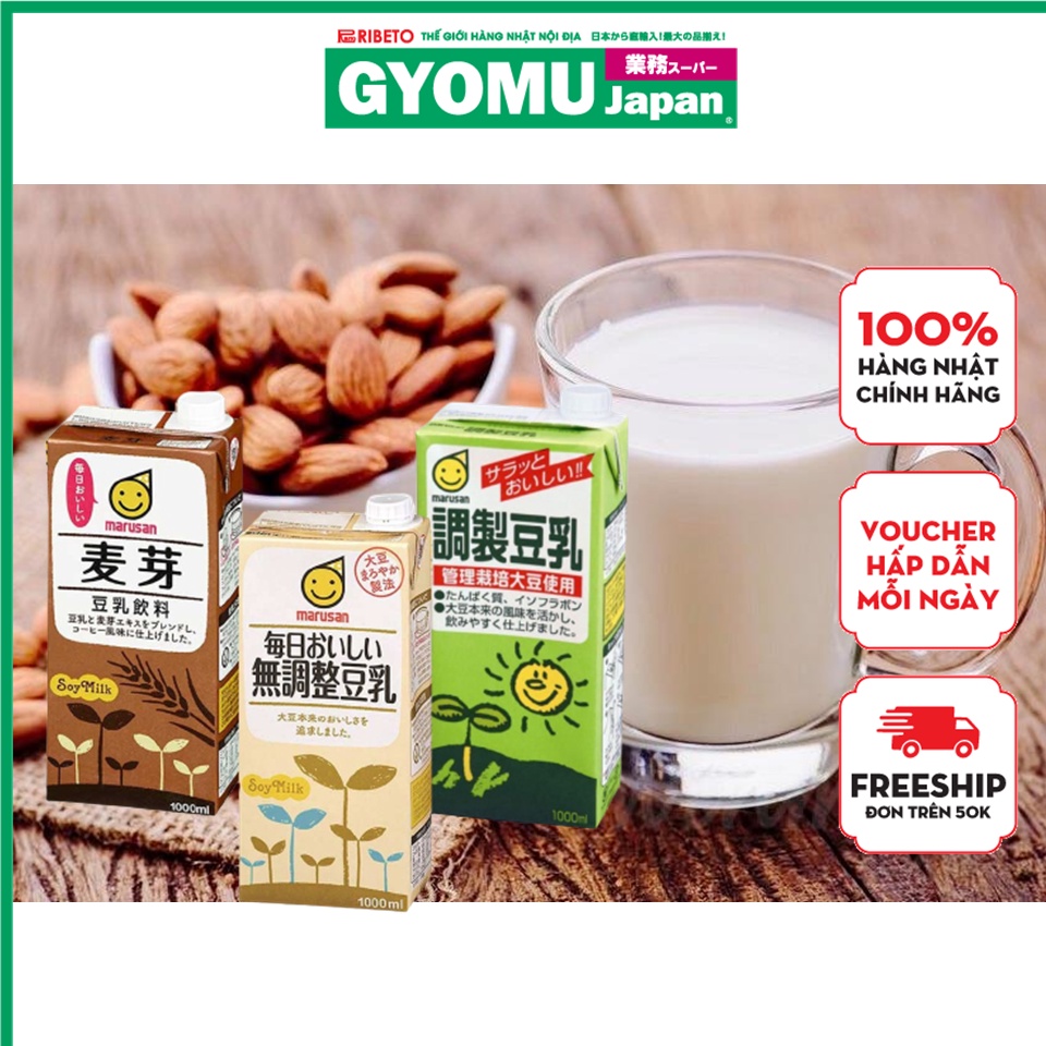 Sữa đậu nành, sữa hạnh nhân hữu cơ Marusan không đường Nhật Bản chai 1 Lit