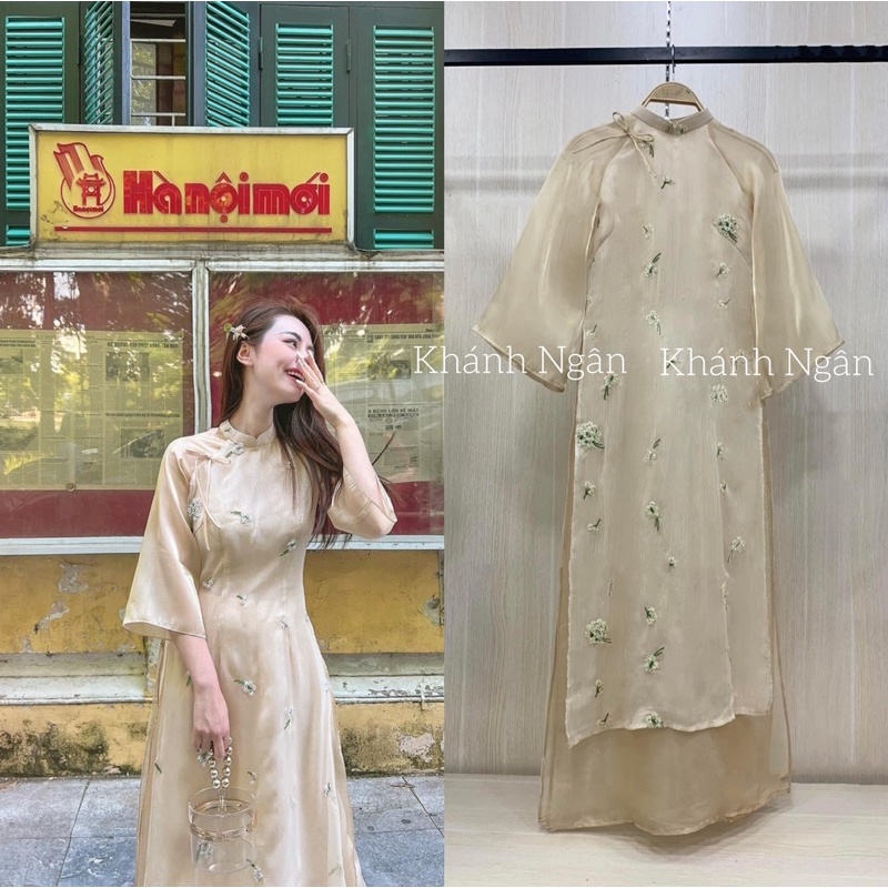 Áo dài cách tân cúc chi họa tiết thêu hoa nổi tay xuông nhẹ nhàng