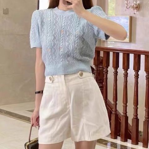 Áo Thun ZARA Dệt Kim Thêu Hoa Phối Quần Short Thời Trang Mùa Thu Cho Nữ 4331143 406