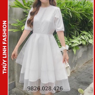 Đầm babydoll trắng phối lưới, Váy đầm công chúa 3 tầng cách điệu cổ tròn xếp voan tầng