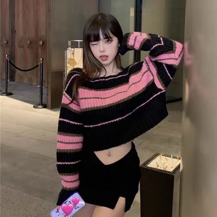 Áo Sweater Dệt Kim Dáng Rộng Ngắn Gợi Cảm Phong Cách Mới Cho Nữ Mặc Ngoài Trời Mùa Xuân Thu Nóng Bỏng