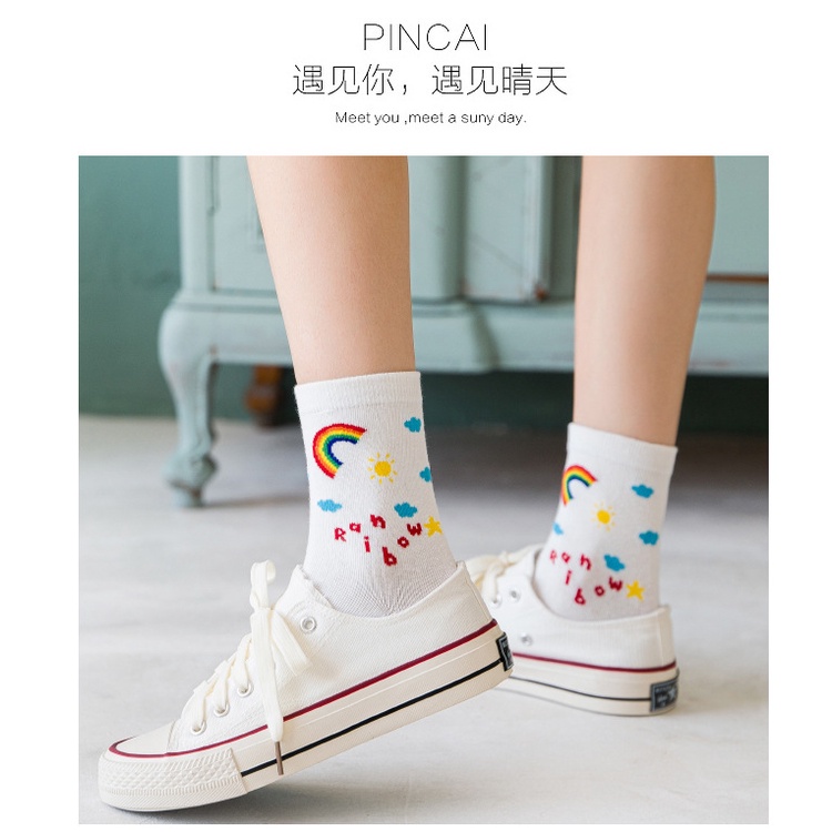 Đôi vớ WAFNHA D602 bằng cotton mềm mại cổ trung họa tiết hoạt hình dễ thương xinh xắn