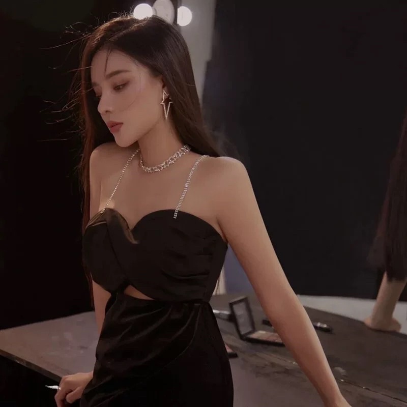 Hàng có sẵn Yona’s Đầm hai dây sexy thiết kế hở lưng xẻ tà dự tiệc phong cách Retro kèm Feelback khách xinh D5B