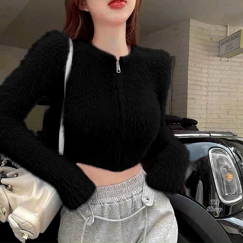 Áo len khoá croptop lông thỏ