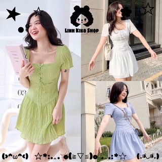 Đầm midi cổ vuông có dây điều chỉnh đan chéo trước ngực theo phong cách Hàn Quốc