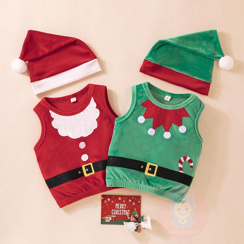 Laa6-bút Vest Và Nón Ông Già Noel Không Tay Cổ Tròn Ghép Nối Màu Xanh Lá / Đỏ