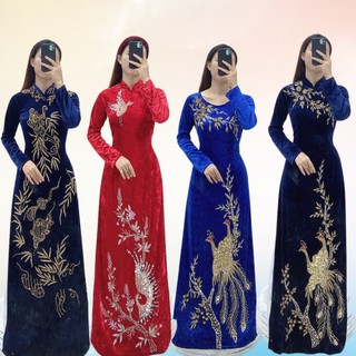Áo Dài Thiết Kế Nhung đính kết pha lê họa tiết, áo dài abf sui, áo dài đi dự tiệc áo dài cho các bà mẹ trẻ trung