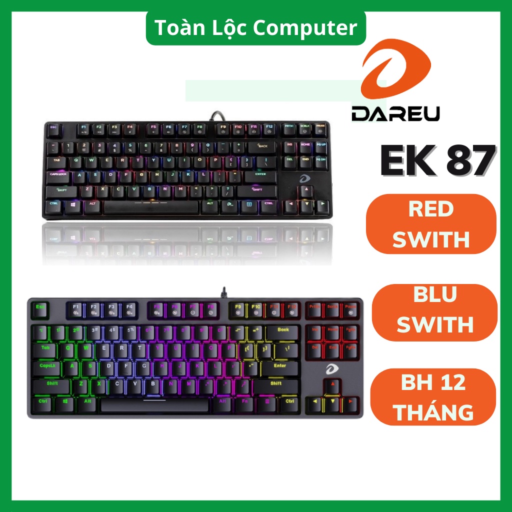 Bàn phím cơ gaming DAREU EK87 87 key led rainbow tích hợp 12 chế độ màu dây dài 1,8m bảo hành 24 tháng