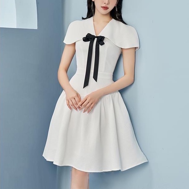 Đầm trắng đính nơ thanh lịch, thiết kế dáng xòe, thích hợp đi làm, dạo phố, dự tiệc - T031