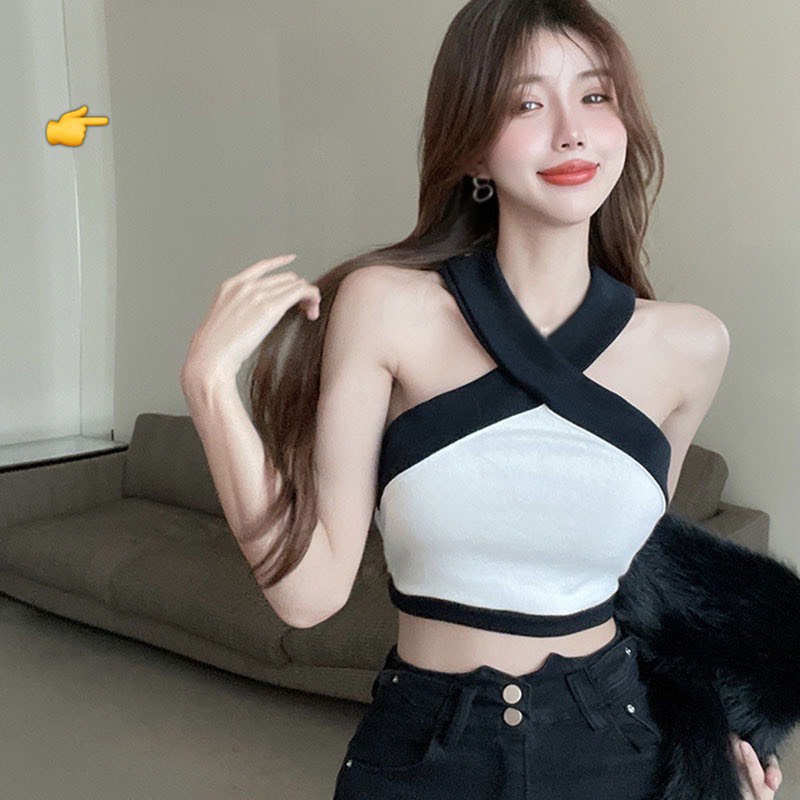 Áo kiểu croptop chéo dây cổ viền màu cực xinh , chất thun bozip mềm mịn